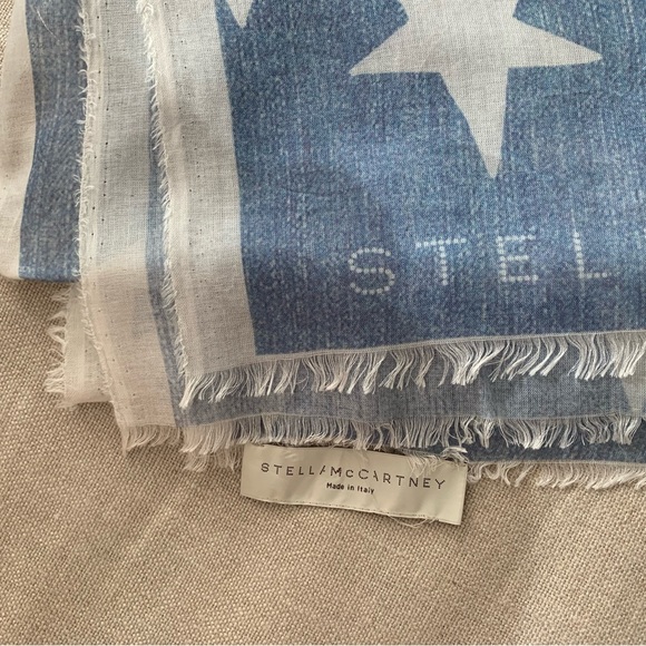 STELLA MCCARTNEY Blue Silk Scarf, Star ⭐️ Motif with Fringe Ends - Picture 5 of 14
